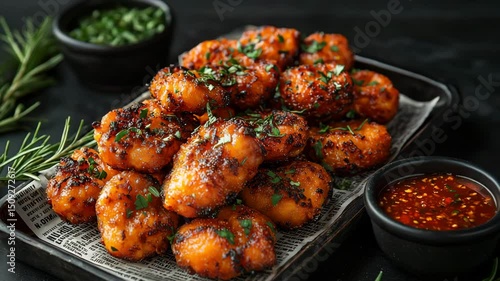 A tray of perfect, golden-brown deep-fried onion rings on top of newspaper with peri peri spice mix and peri peri sauce dressing in small bowls beside them.