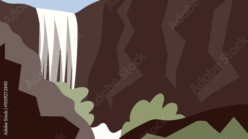 waterfall between mountain rocks flat illustration