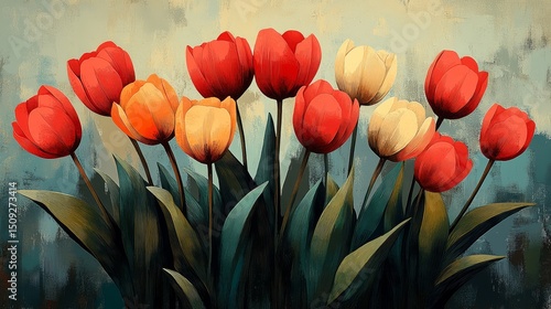 A stylized linocut of a bunch of tulips, with geometric shapes for petals and leaves, creating a modern, abstract interpretation of the classic flower.