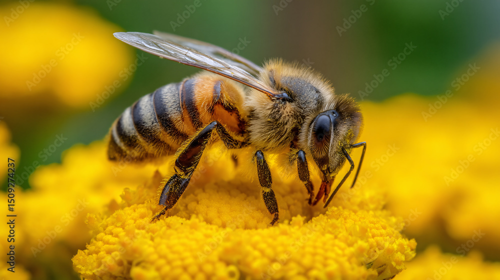 Honeybee gathering pollen on bright yellow flower in a garden during daytime Concept of pollination, beekeeping, and environmental conservation Honeybee gathering pollen on bright yellow flower in a garden during daytime Concept of pollination, beekeeping, and environmental conservation