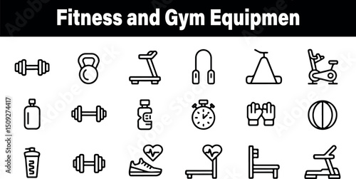 Fitness gym equipment icons set line style vector illustration graphic design jump rope bike yoga ball water timer shake