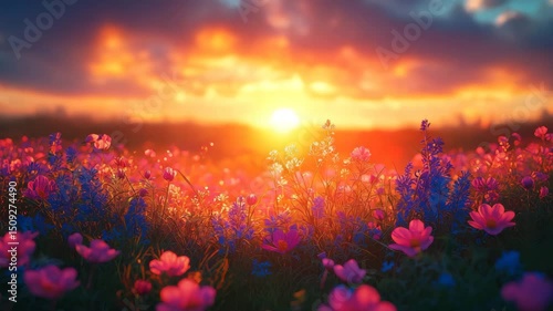 Abstract soft focus sunset field landscape of flowers and grass meadow warm golden hour sunset sunrise time. Tranquil spring summer nature closeup and blurred forest background. Idyllic nature