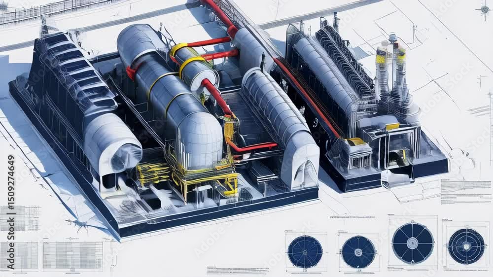 video of Detailed architectural blueprint of a nuclear power plant ...