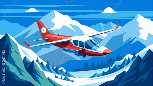 A modern air taxi gliding over a snowy mountain range providing passengers with a panoramic view of the wintry landscape.. Vector illustration