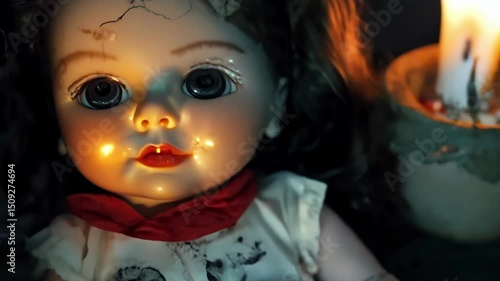 Creepy doll in dark room lit by candlelight. concept of halloween atmosphere, creepy toy, horror themes, eerie ambiance, scary haunted house, Possessed doll