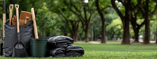 Spring cleaning in the park features a bag of garbage and a shovel resting on green grass surrounded by trees