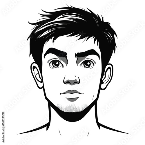 Professional Black and White Cartoon Vector of a Young Man's Face for Various Uses