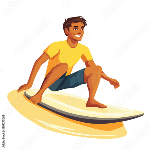 Cartoon Young Man Surfing on Surf Table - Isolated Vector Illustration for Design Projects