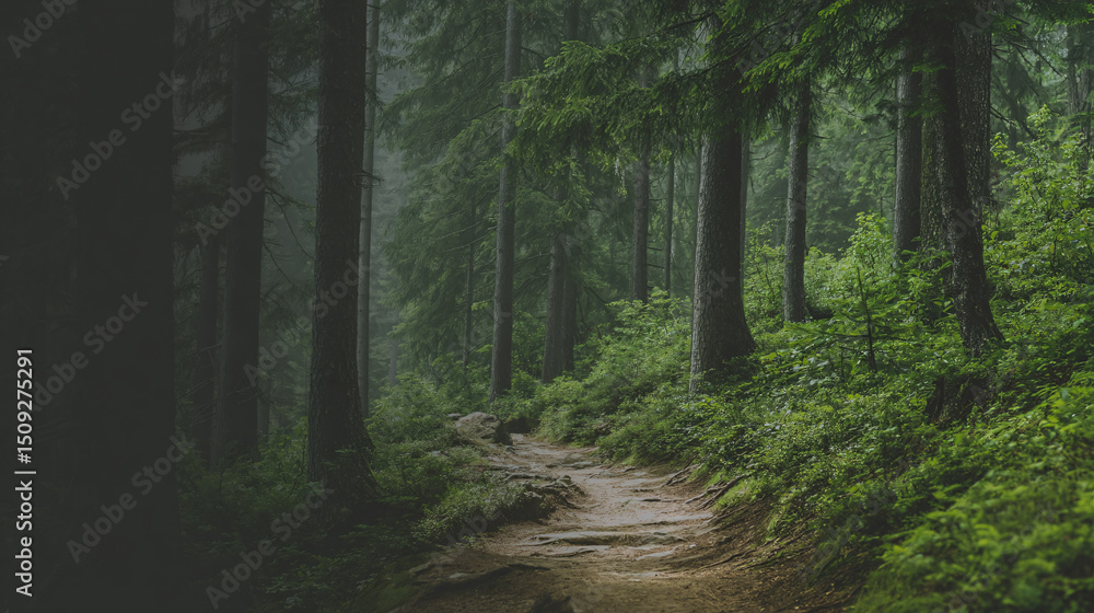 Naklejka premium Tranquil hiking trail through a lush green forest in the morning mist, showcasing natures beauty and peaceful solitude Concept of adventure, exploration, and environmental conservation