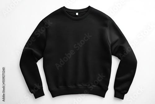 A black long sleeved sweatshirt laid flat on a white surface in a studio setting