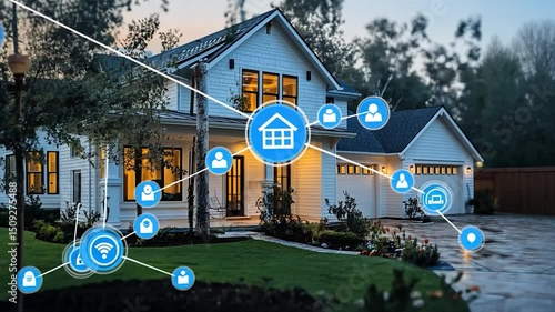 Smart home network connecting house at dusk