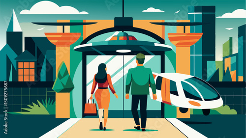 A couple steps out of their private eVTOL and into the openair concourse ready to explore the various shops and restaurants that make up this modern retail paradise.. Vector illustration