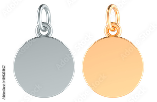 Round Pendant Charms, Gold and Silver. 3D Rendering