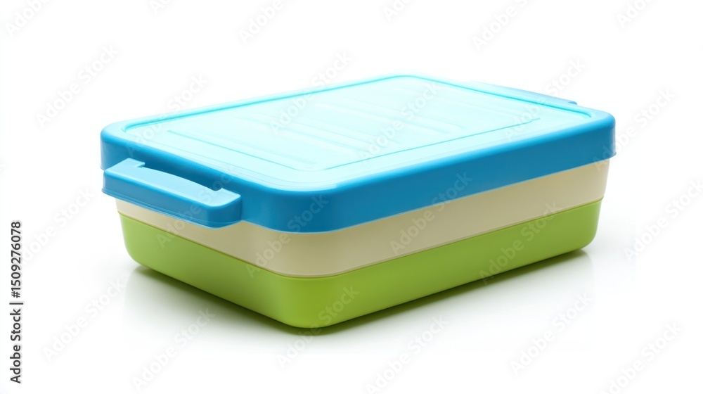 A layered lunchbox with a light blue lid and handle on a white background surface A layered lunchbox with a light blue lid and handle on a white background surface