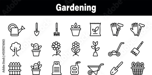 Gardening icon set black and white line art simple style illustrations can pot rake tree icons tools seeds fence plants