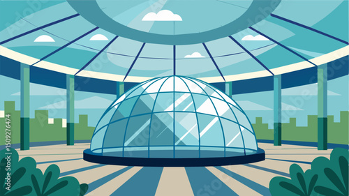 A glassdomed roof allows natural light to flood into the hub creating an airy and open atmosphere for travelers.. Vector illustration