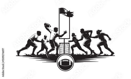 Football Players in Action - Running Towards Goal with Flag and Football Icon