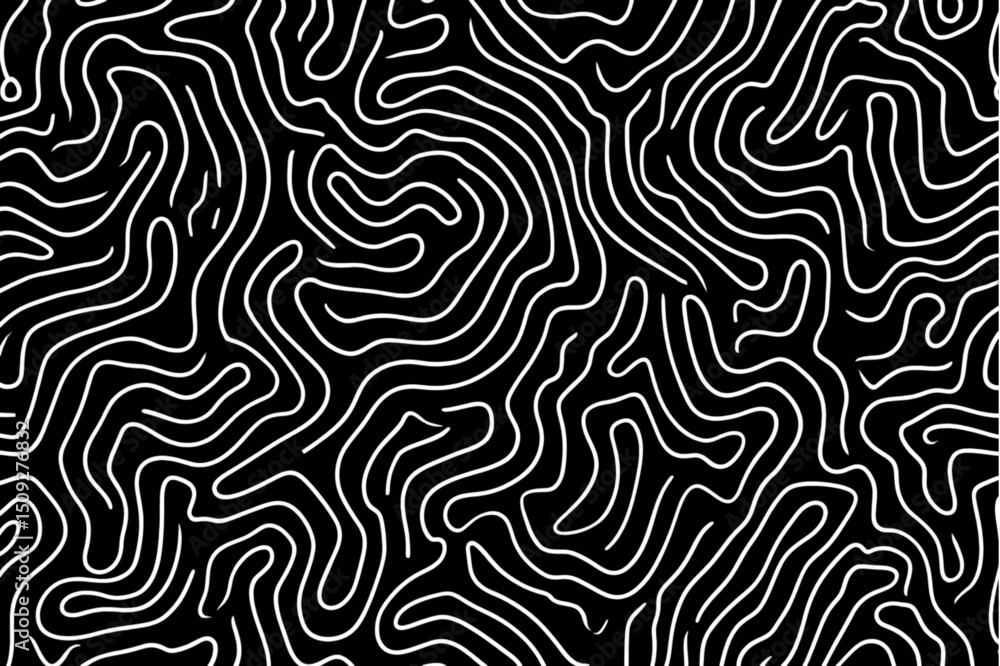 Obraz premium A black background with a pattern of white curved lines resembling topographic map contours and mazes.,
