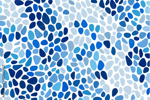 A seamless pattern of blue and white pebble shapes scattered across a white background in an abstract style