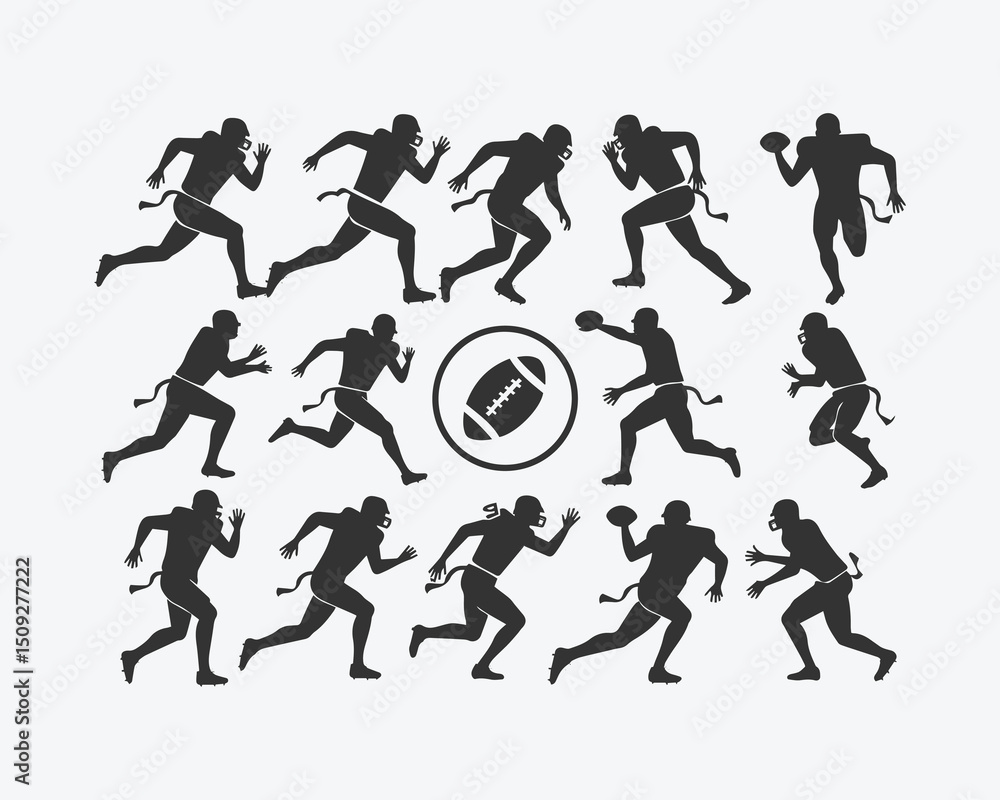 Football Players Running with Ball - Action Poses and Motion Silhouettes with Football Icon. Football Players Running with Ball - Action Poses and Motion Silhouettes with Football Icon.