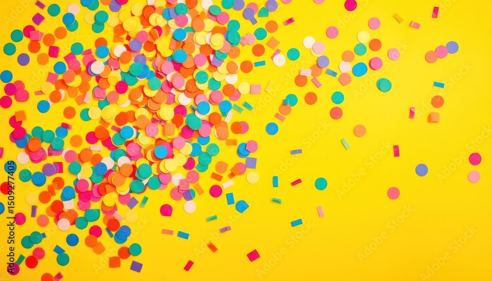 Cheerful yellow surface covered in confetti, perfect for celebratory themes Cheerful yellow surface covered in confetti, perfect for celebratory themes