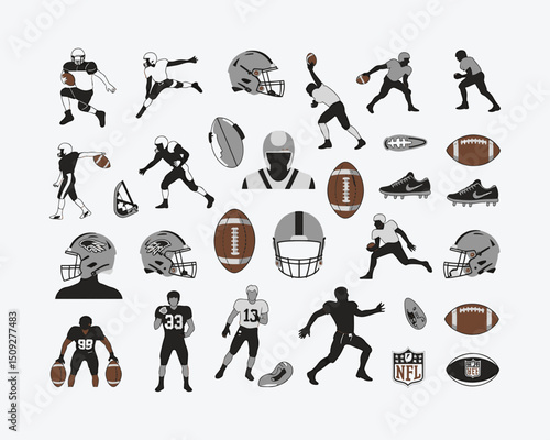 American Football Illustrations - Players, Helmets, Balls, and Equipment in Vector Art.