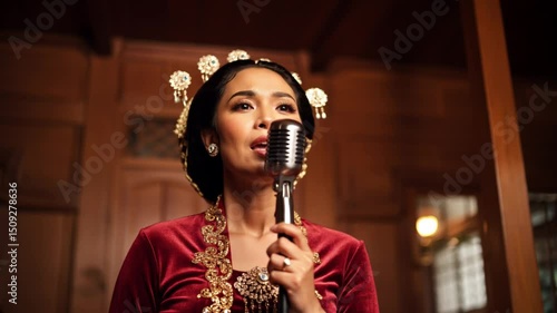 young javanese woman singing into microphone