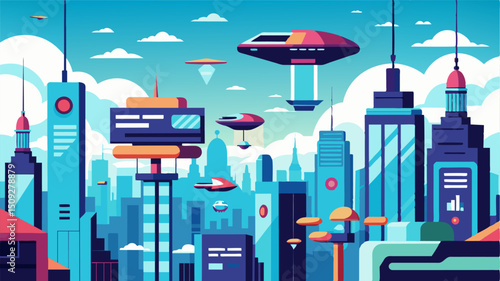 A futuristic skyline filled with flying vehicles each emblazoned with bold adver for the latest tech gadgets and tingedge services.. Vector illustration