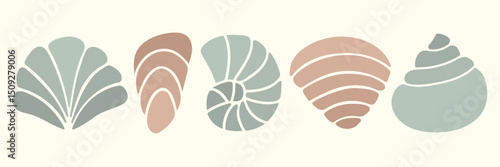 Hand drawn shell silhouettes set in modern pastel colors. Minimal seashell icon. Element for summer nature branding, packaging, beach design, logo, vacation prints, travel, sea decor, pattern design