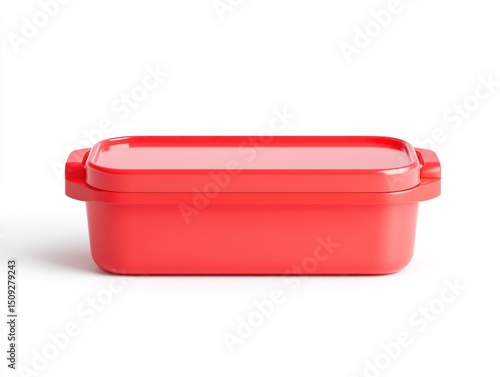 A front view of a red plastic food container with a lid on a white background plain