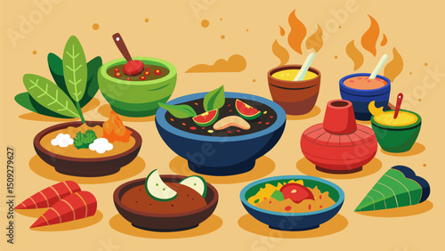 A spread of molcajete dishes each with its own unique blend of meats veggies and sauces creating a colorful and flavorful feast.. Vector illustration