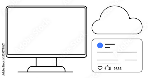 Computer monitor, cloud icon, and social media card with thumbs ups and interaction. Ideal for technology, social media, cloud storage, online marketing, digital communication, user engagement