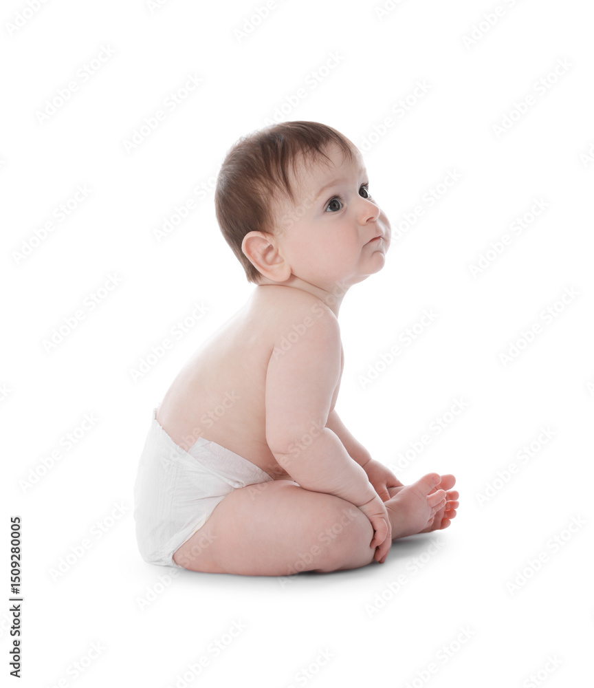 Cute little baby in diaper sitting on white background Cute little baby in diaper sitting on white background