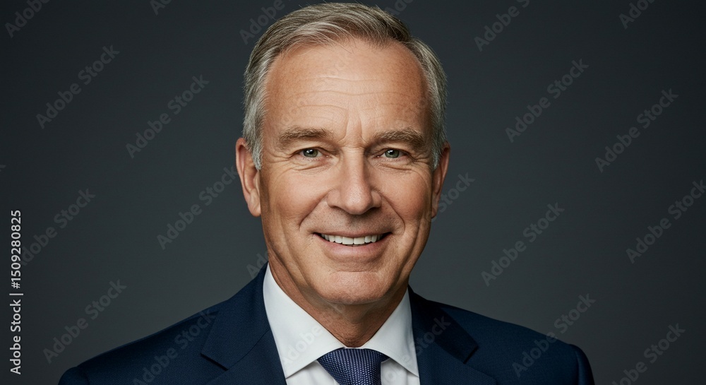 Smiling Mature Man Wearing Blue Suit Posing Against Gray Backdrop Smiling Mature Man Wearing Blue Suit Posing Against Gray Backdrop