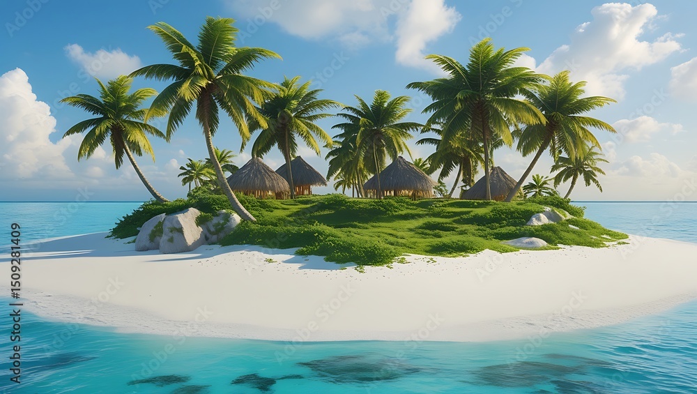Obraz premium Tropical island paradise with palm trees and thatched huts serene getaway