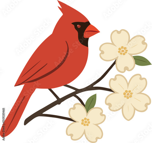Cute cartoon red bird on a spring tree branch with blossom flowers and green leaves vector illustration