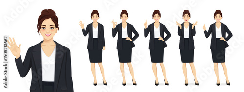 Set of elegant business young woman wearing black suit in different poses. Surprised, waving, standing with crossed hands, showing thumb up and ok sign. Isolated vector illustration