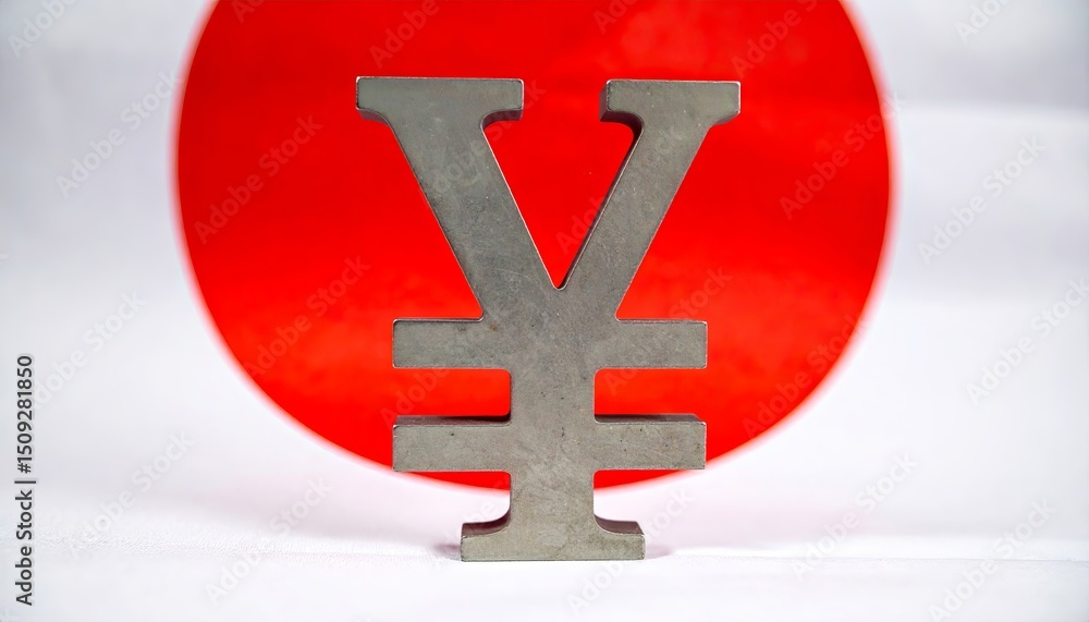 Obraz premium Japanese Yen symbol prominently displayed in front of the Japanese flag. The flag's red circle serves as a backdrop, highlighting the currency symbol.