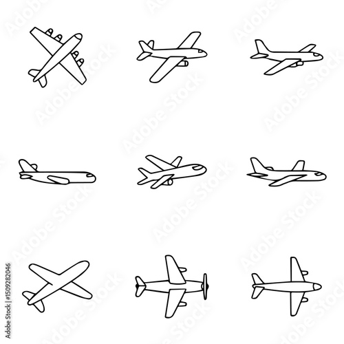 set of Airplane line art vector design, airplane, plane, aircraft, jet, travel, sky, transportation, air, fly, flying, flight, aviation, transport, airliner, passenger, business, landing, airport
