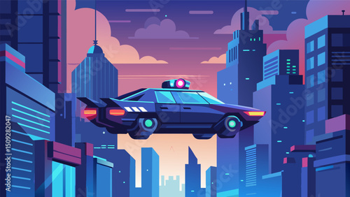 A flying police vehicle hovered above the bustling city streets its neon lights reflecting off the sleek buildings below.. Vector illustration