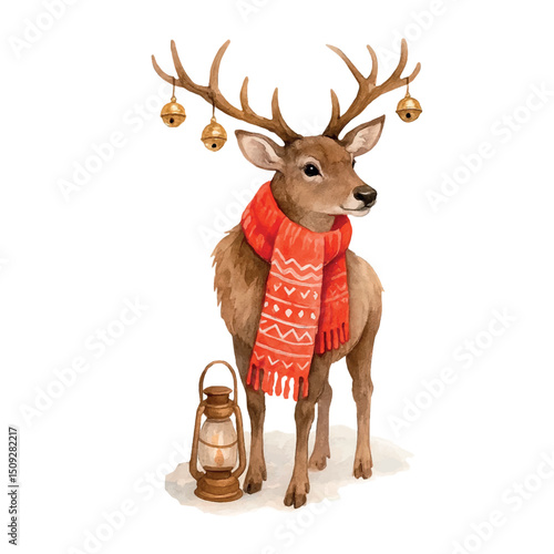 Vector freehand illustration of a deer in watercolor isolated on white background. Hand drawn watercolour Christmas reindeer	