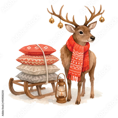 Vector freehand illustration of a deer in watercolor isolated on white background. Hand drawn watercolour Christmas reindeer	