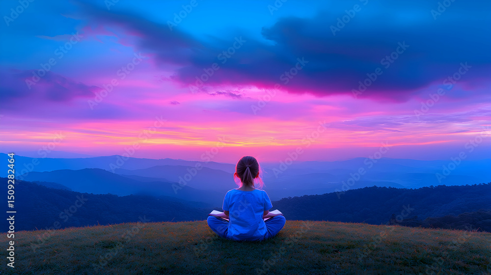 Obraz premium Woman Meditating at Sunset Over Mountains