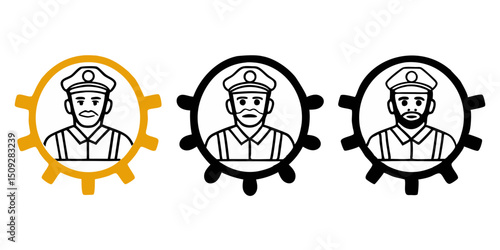 Three stylized portraits of men wearing hats framed by gear shapes in varying colors and styles