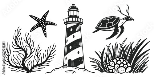 Black and white drawing of a lighthouse with a starfish turtle and coral with grass and a pinecone