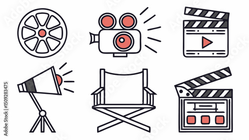 Collection of movie making equipment including camera film reel megaphone director chair and clapperboard