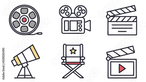 Collection of filmmaking equipment including a camera film reel spotlight and director's chair