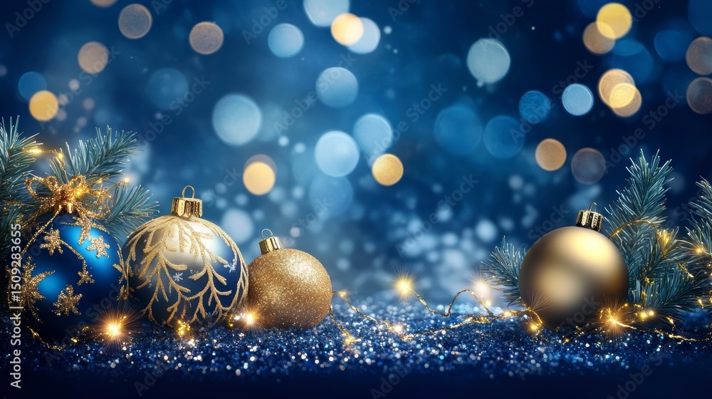 Festive blue and gold Christmas ornaments with sparkling lights and glitter on a bokeh background. Festive blue and gold Christmas ornaments with sparkling lights and glitter on a bokeh background.