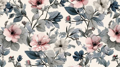 Floral pattern with pink and white blossoms and blue gray foliage on a light background design repeat