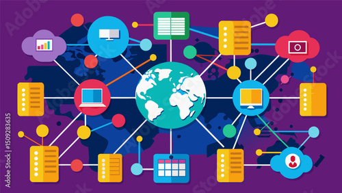 A colorful tapestry of communication nodes and data centers illustrating the global reach and complexity of telecommunications infrastructure.. Vector illustration